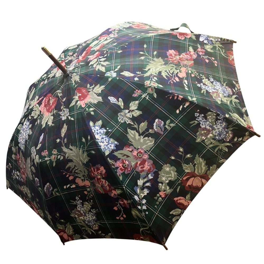 Vintage Lauren Ralph Lauren Floral Plaid Wood Cane Handle Umbrella 35" Green